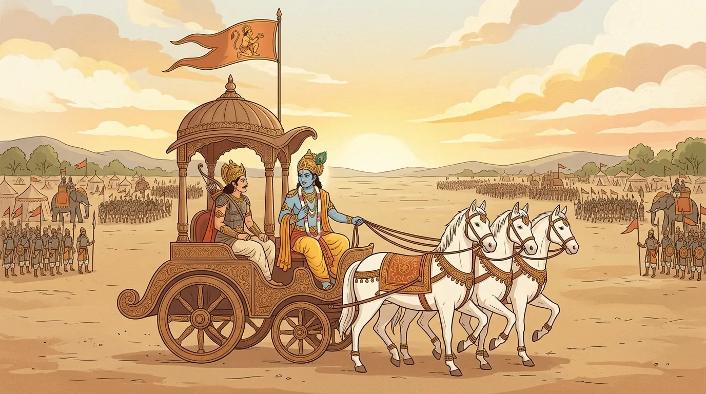 Krishna as charioteer speaking to Arjuna at dawn on the field of Kurukshetra